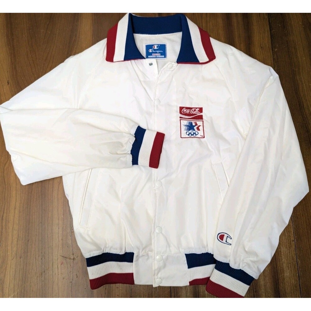 VTG Champion Coca Cola USA 1984 Los Angeles Olympics Jacket M White Nylon Bomber